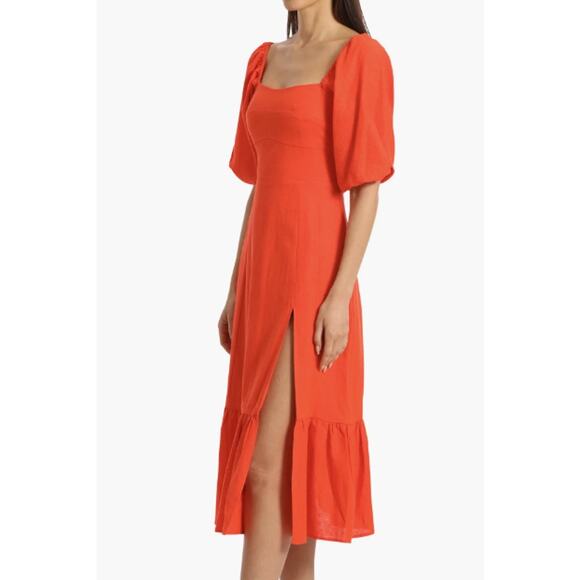 Avec Les Filles Coral Orange Puff Sleeve Side Slit Tiered Midi Dress Sz 2 XS - Picture 9 of 11